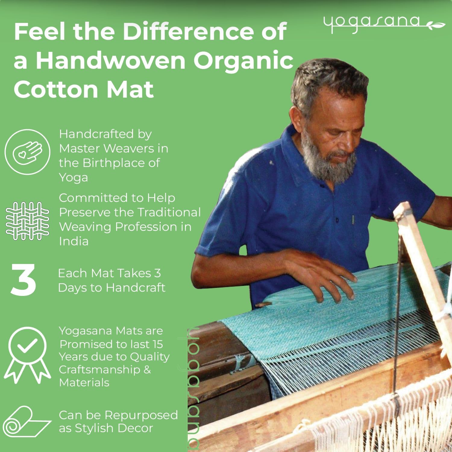 Yogasana Organic Cotton Yoga Mat - Non Slip Hand-Woven Foldable Yoga Rug Provides Excellent Comfort, Traction & Support - Travel Extra Thick Yoga Mats for Indoor & Outdoor Use - 24 x 72 Inches - Image 2