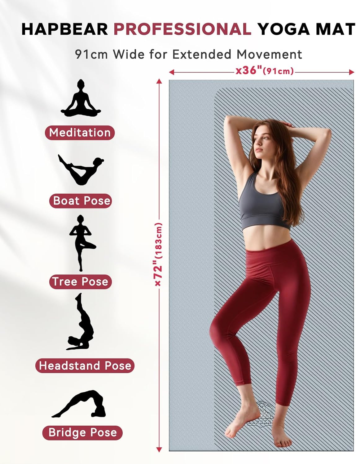 HAPBEAR Large Yoga Mat - 72"x36"x6mm (1/4 inch), Extra Wide Non-Slip Exercise Mat for Home Workout, Yoga, Pilates & Stretching, Durable & Eco-Friendly, Includes Bonus Resistance Bands & Carry Bag - Image 2