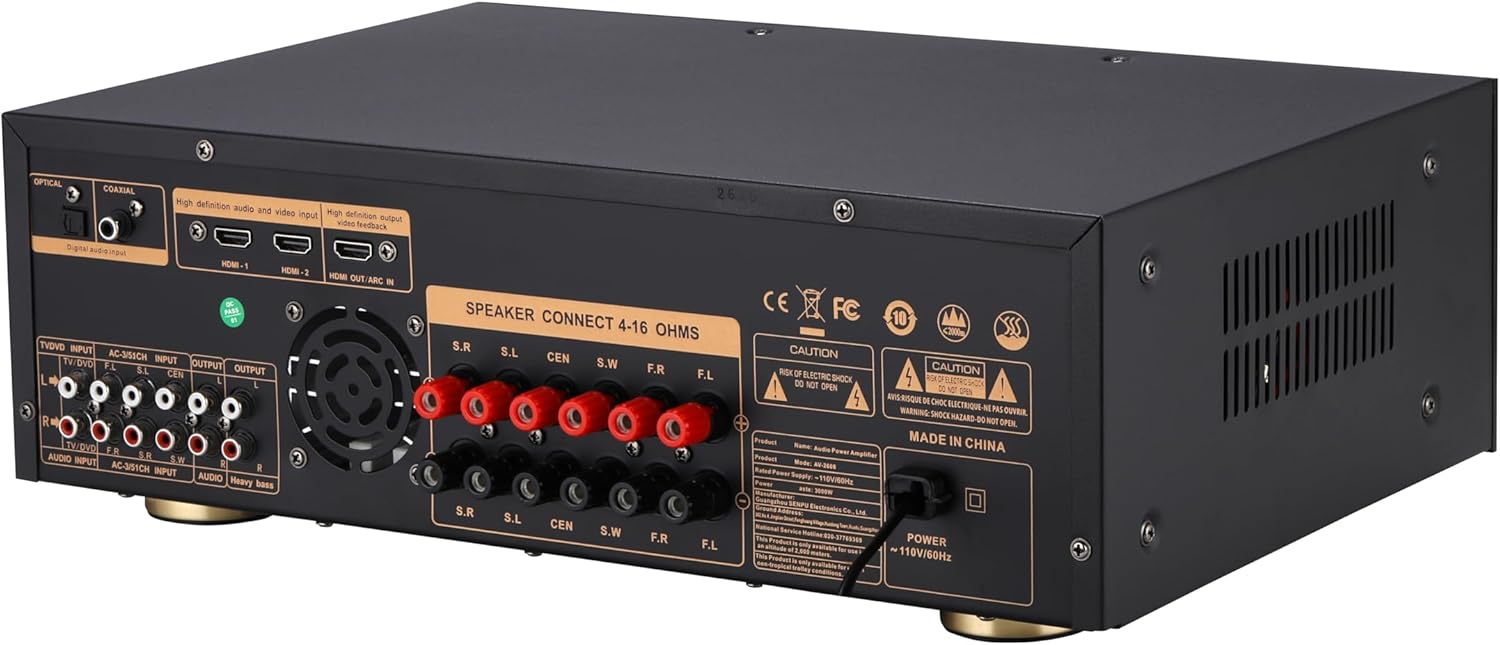 Stereo Receivers,5.1 Channels Audio Amplifier with HDMI,Optical/Coaxial,Bluetooth/USB,RCA,AC-3 Input,Subwoofer Output for Karaoke,Home,Theater Speakers(Non-Dolby/DTS) - Image 4