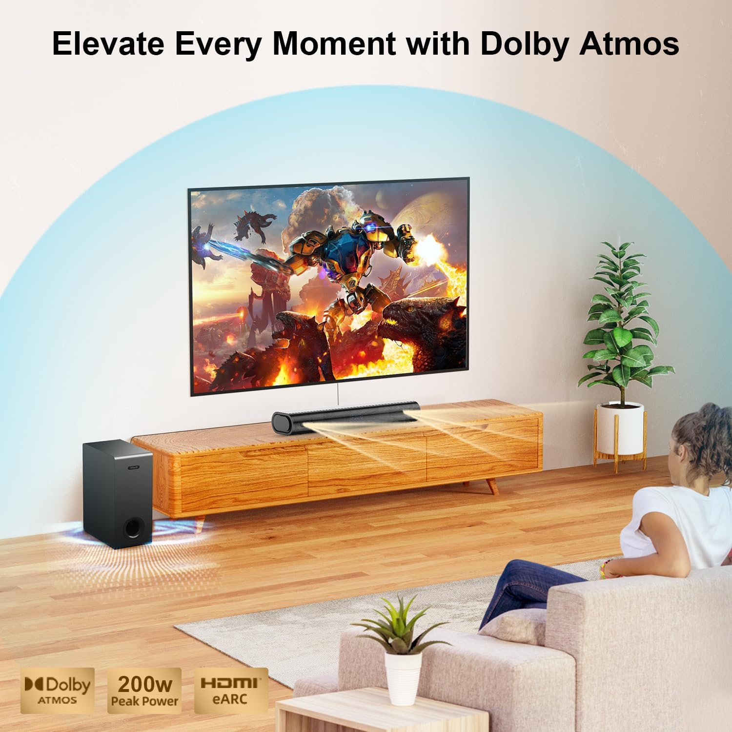 Hiwill 2.1CH Dolby Atmos Soundbar with Subwoofer, 200W Peak Power, Home Theater Sound Bar for Smart TV, Adjustable Treble and Bass, Clear Dialogue, HDMI eARC/ARC/Opt/BT/AUX, HiElite A21 - Image 2