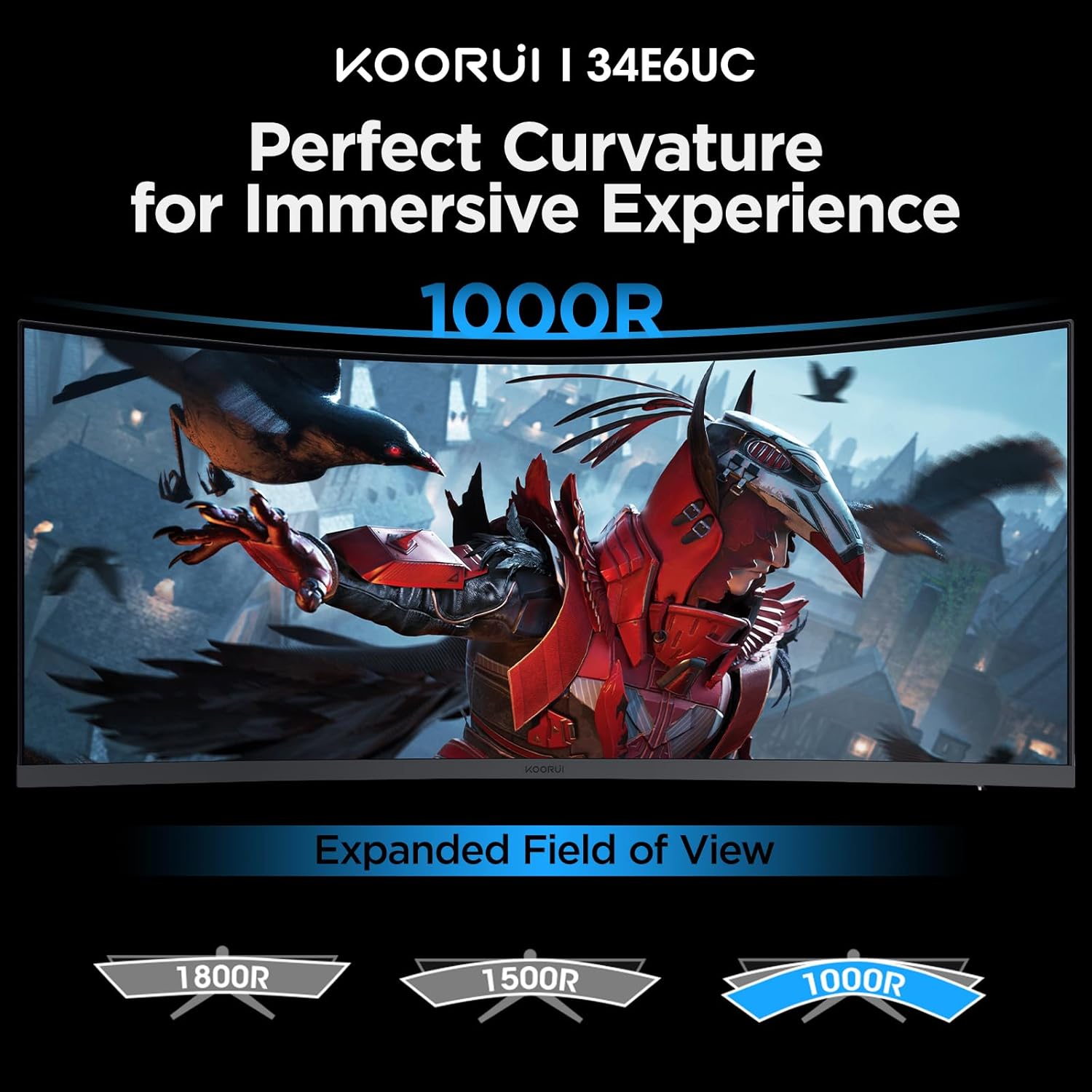 KOORUI 34-inch Ultrawide Curved WQHD 3440×1440 Gaming Monitor, 165Hz 144Hz Curved 1000R- PIP/PBP, 1ms(MPRT) with DisplayHDR 400, FreeSync Premium, 75 * 75mm VESA, HDMI/DisplayPort, 34E6UC - Image 2