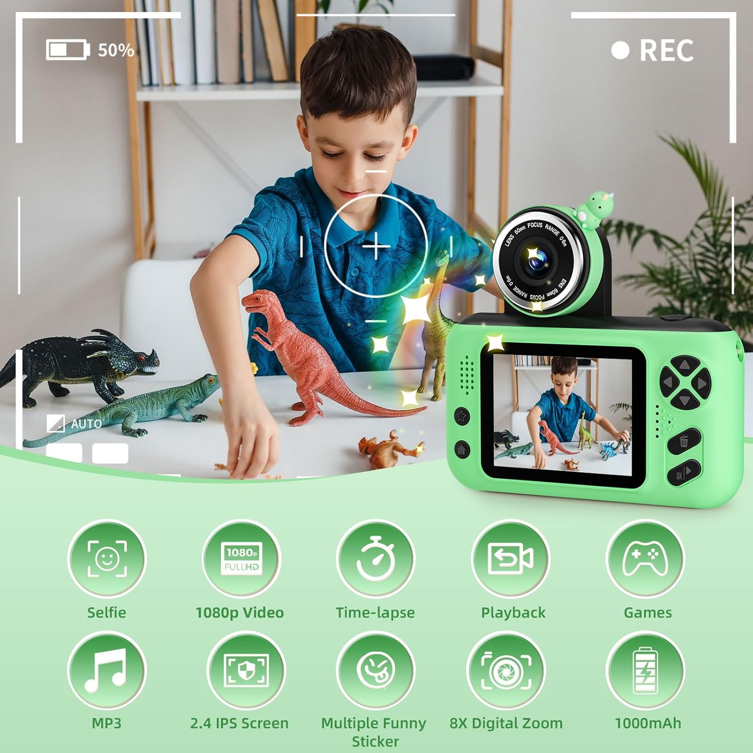 Kids Camera, Birthday Gifts for Boys and Girls Age 3-8,Video Recorder for Kids 8-12,Childrens Digital Camcorder for vlogging Portable Kids Selfie Camera with 32GB SD Card Green - Image 2