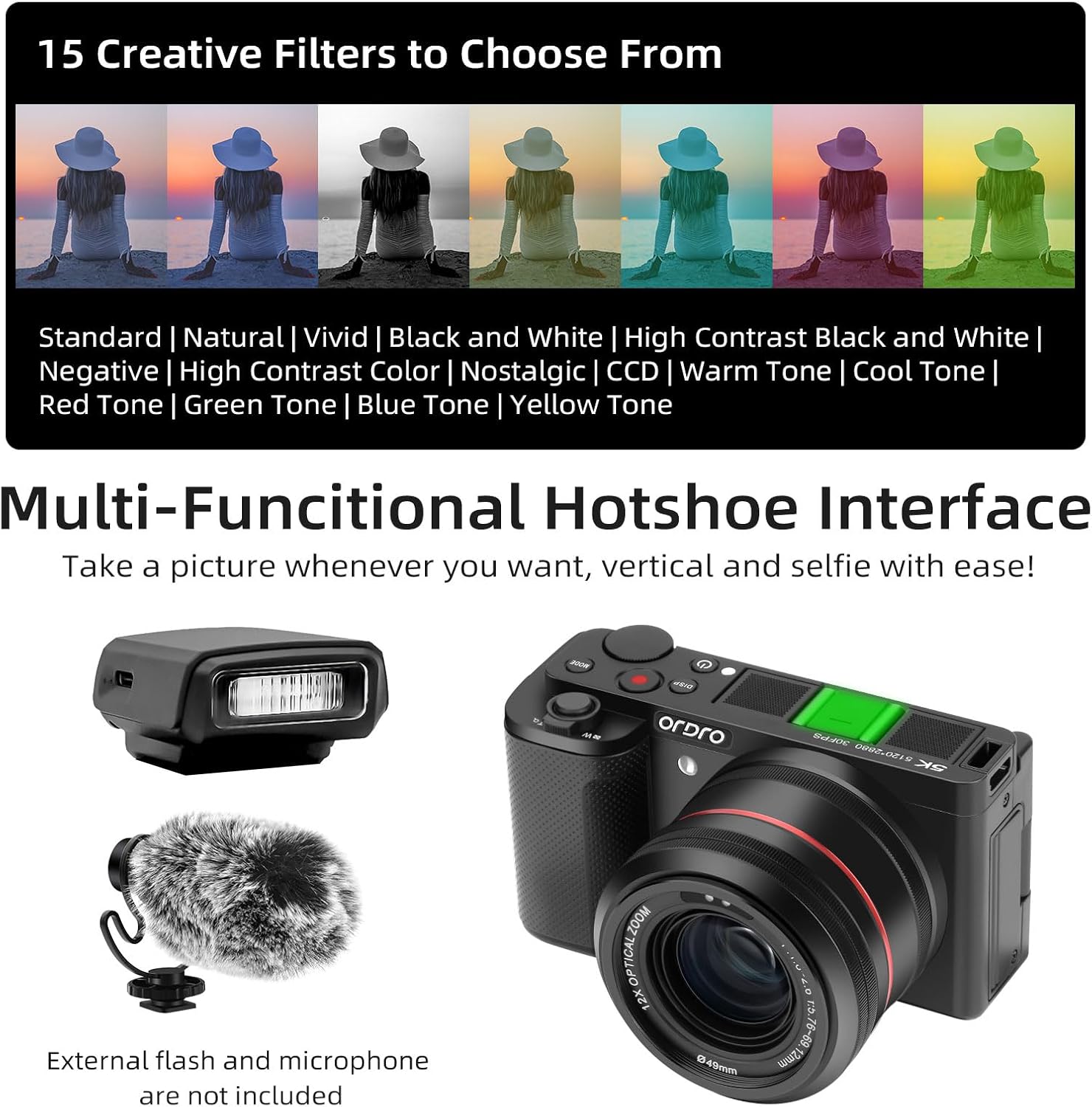 Ordro 5K Digital Camera for Photography, 5K 64MP 12X Optical Zoom YouTube Vlogging Camera with Autofocus & Manual Focus, Travel Camera Content Creator with Control, 64G Card, 2 Batteries - Image 5