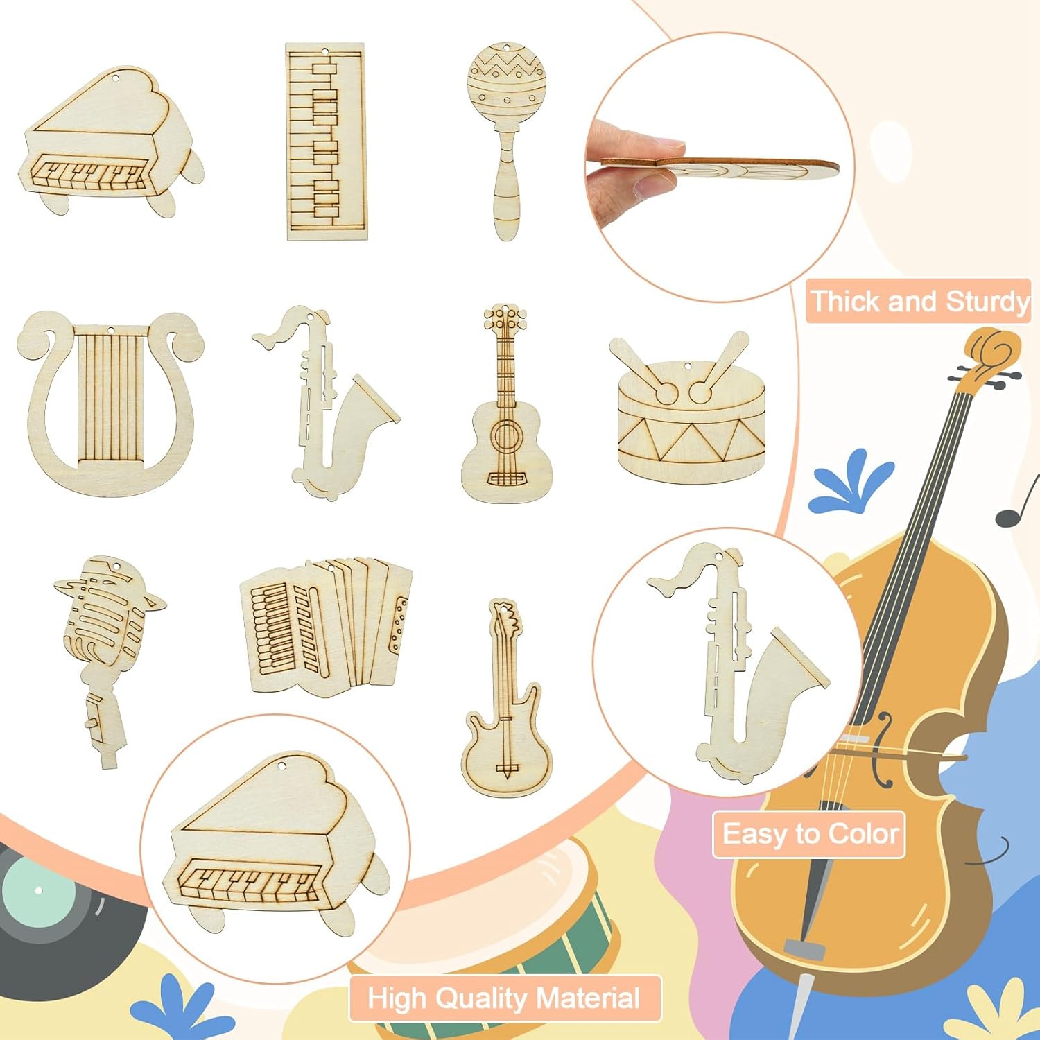 Stiesy 30 Pcs Musical Instruments Theme Unfinished Wood Craft Set with Jute Cord Things to Pint Wooden Blank Cutout Hanging Ornaments for DIY Craft Party Supplies Home Decoration - Image 3