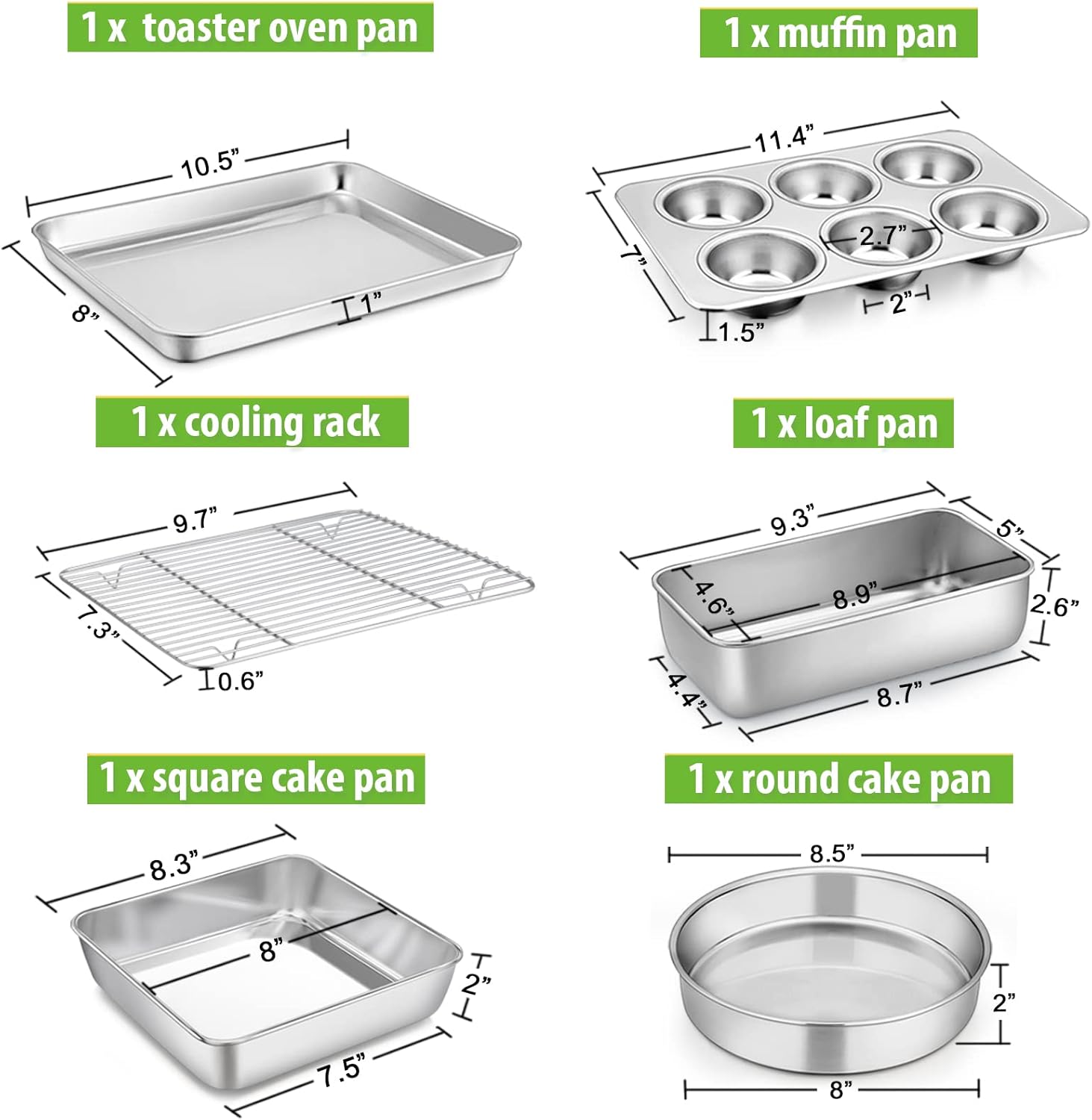 P&P CHEF 6-Piece Small Toaster Oven Pan Set, Stainless Steel Bakeware Set, Toaster Oven Tray with Rack, Square/Round Cake Pan, Loaf Pan & Muffin Pan, Non Toxic & Easy Clean - Image 2