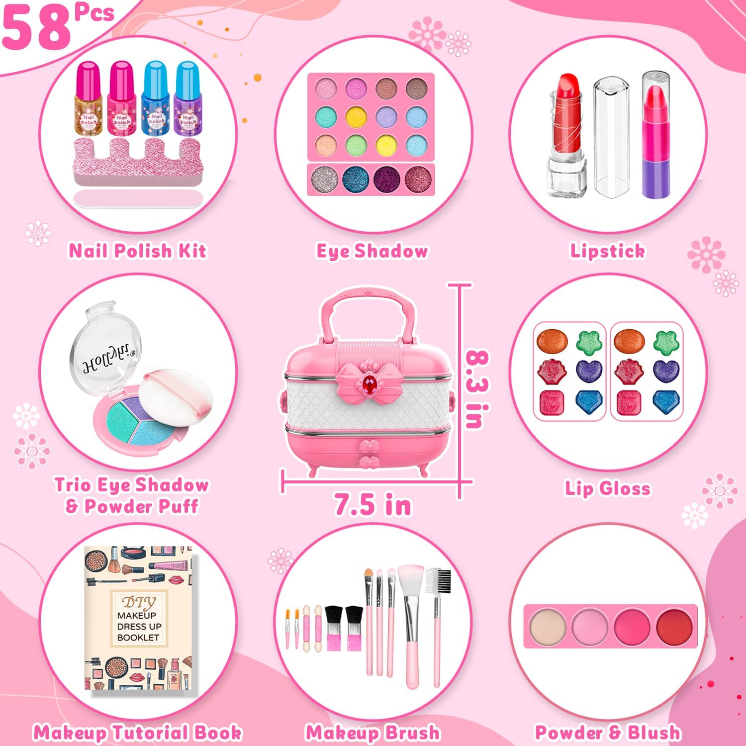 Hollyhi 58 Pcs Kids Makeup Kit for Girl, Princess Toys Real Washable Cosmetic Set with Mirror, Kids Makeup Sets for Girls, Play Make Up Birthday Gifts for 3 4 5 6 7 8 9 10 11 12 Years Old Kid (Pink) - Image 3