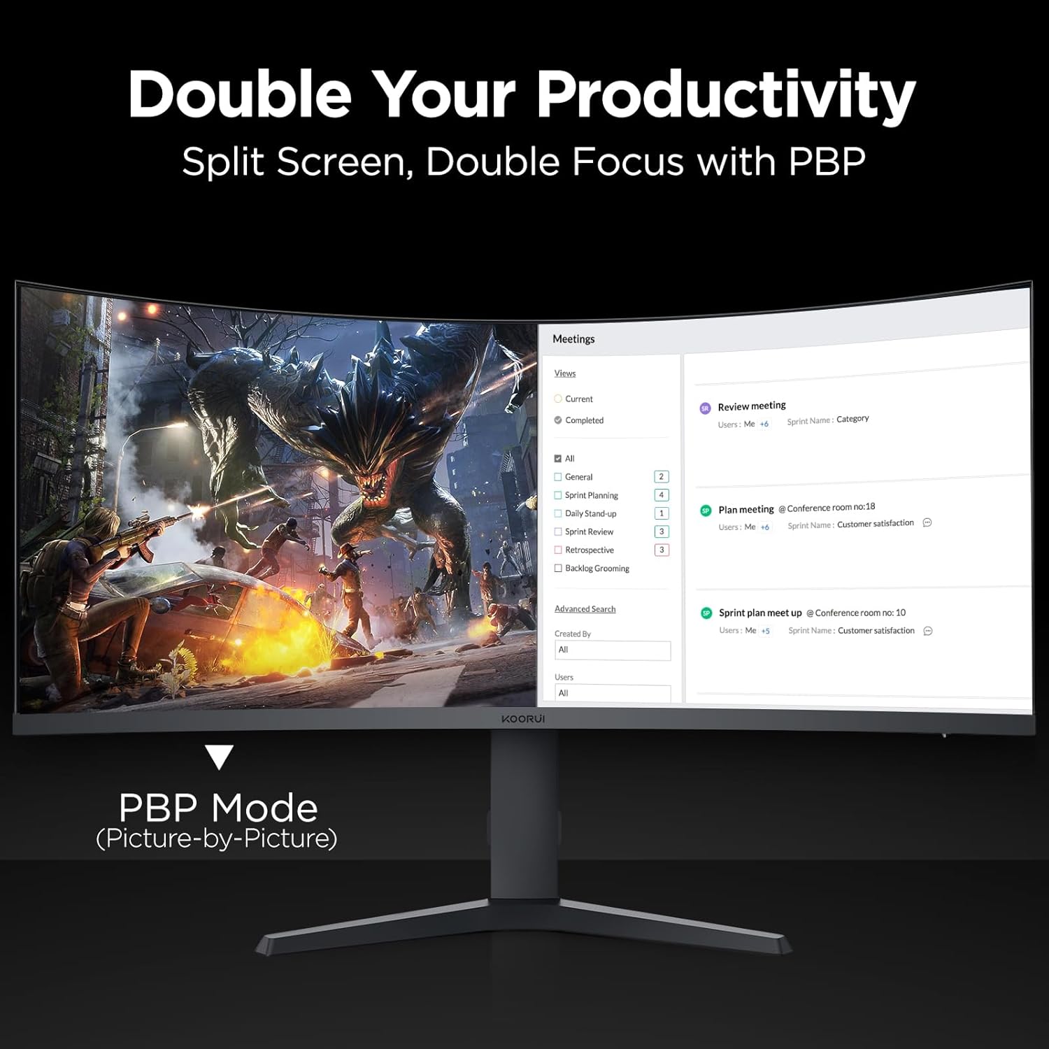 KOORUI 34-inch Ultrawide Curved WQHD 3440×1440 Gaming Monitor, 165Hz 144Hz Curved 1000R- PIP/PBP, 1ms(MPRT) with DisplayHDR 400, FreeSync Premium, 75 * 75mm VESA, HDMI/DisplayPort, 34E6UC - Image 4