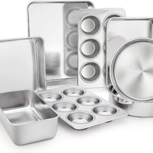 TeamFar Stainless Steel Bakeware Set of 8, Baking Roasting Toaster Oven Pans, Lasagna/Square/Round Cake Pan, Loaf Pan & Muffin Pan, Non-Toxic & Sturdy, Smooth & Dishwasher Safe