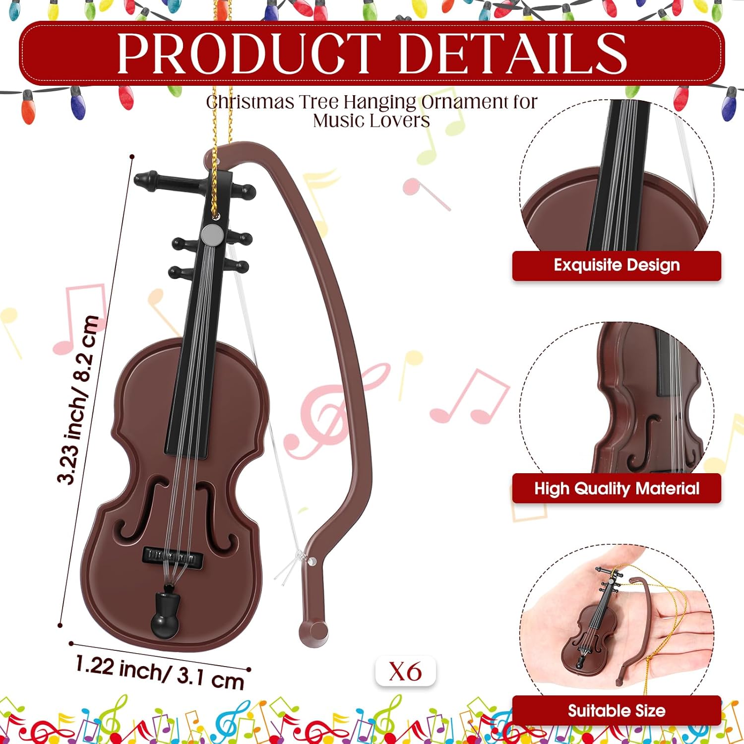 Poen 6 Pcs Mini Violin Ornaments for Christmas Tree Small Violin Christmas Hanging Ornament Tiny Musical Instrument Decorations Music Lovers Gifts for Holiday Teacher Coworkers Party Xmas Home Decor - Image 2