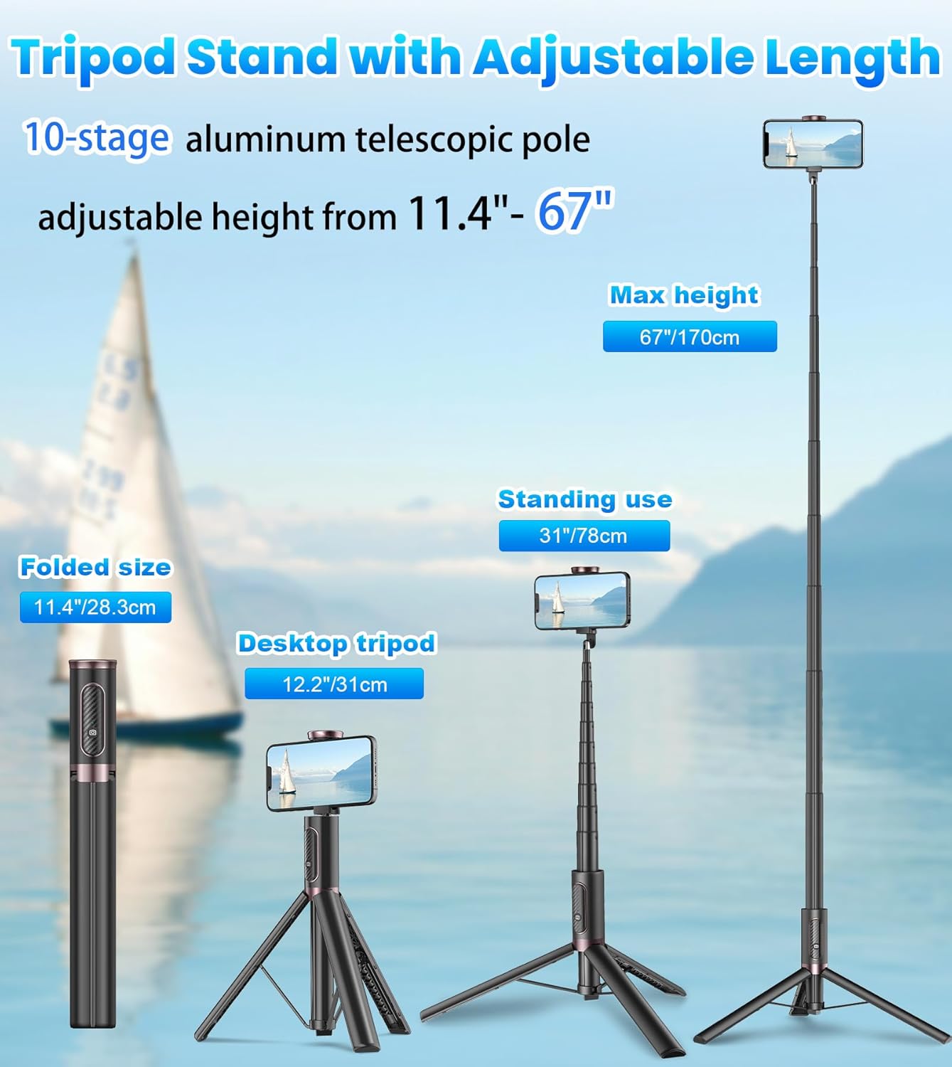 TONEOF 67" Cell Phone Selfie Stick Tripod,Smartphone Stand All-in-1 with Integrated Wireless Remote,Portable,Lightweight,Extendable for iPhone/Android(Black) - Image 3