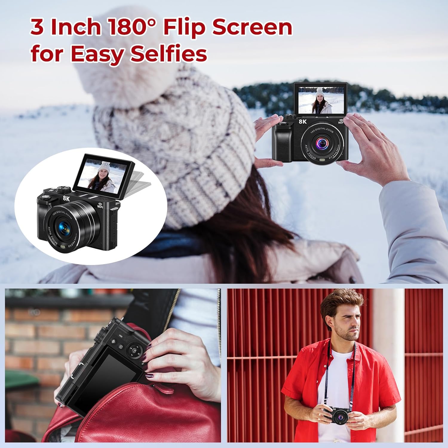 8K Digital Cameras for Photography - WiFi 88MP Autofocus Vlogging Camera for YouTube with 3" 180° Flip Screen - UHD Video Camara Gifts for Beginner Photographer with 18X Zoom, Lens Hood, 64GB Card - Image 5