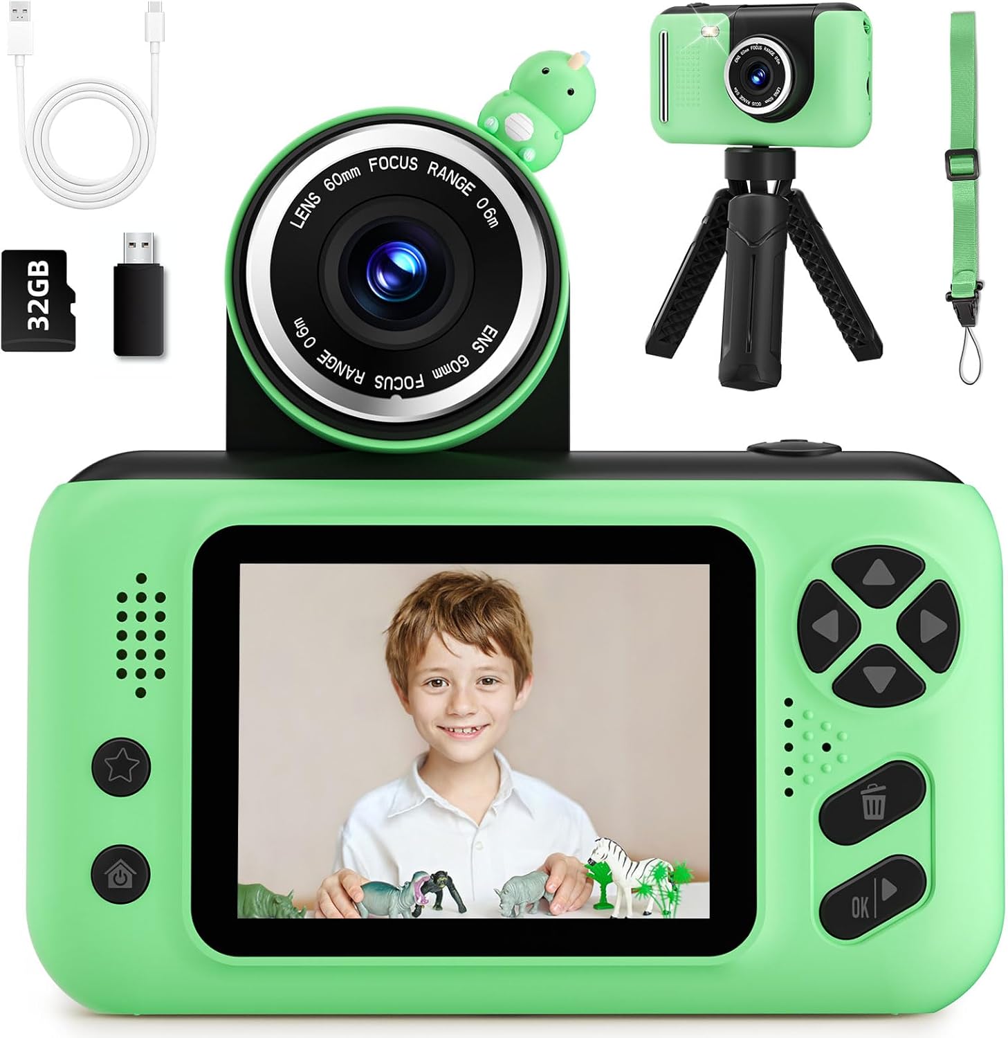 Kids Camera, Birthday Gifts for Boys and Girls Age 3-8,Video Recorder for Kids 8-12,Childrens Digital Camcorder for vlogging Portable Kids Selfie Camera with 32GB SD Card Green