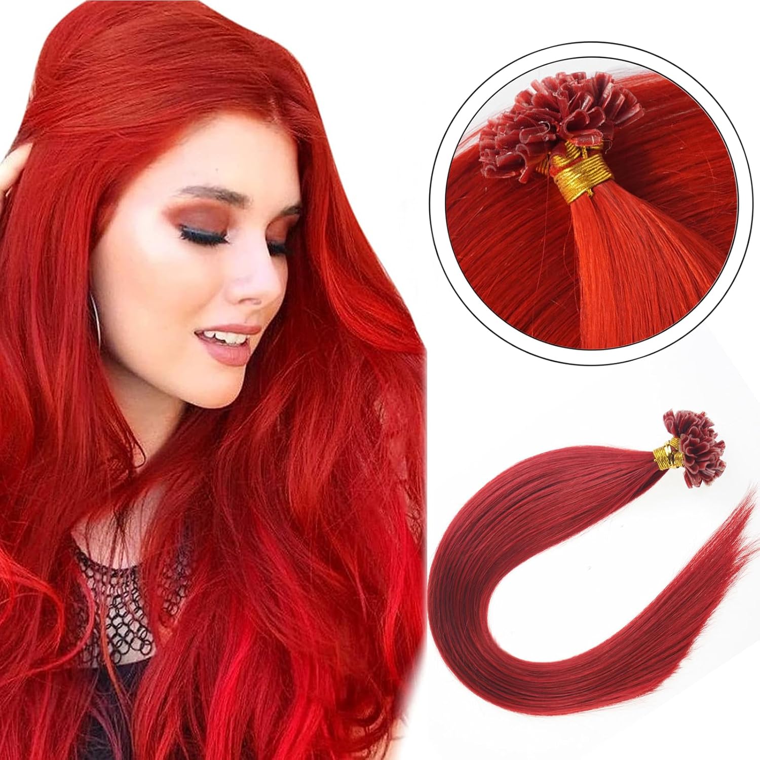 Keratin U Tip Hair Extensions Real Human Hair Red Colors Pre-Bonded Hot Fusion Nail Tip Remy Hair Bright Red for Women Girls 20inch 100strands - Image 5