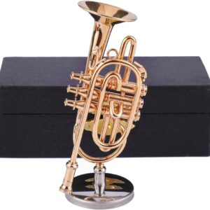 Miniature Cornet with Stand and Case Brass Mini Musical Instrument Cornet Replica Collectible Figurines Model Music Birthday Gifts Home Decoration Display Ornament (3.54″x1.57″)