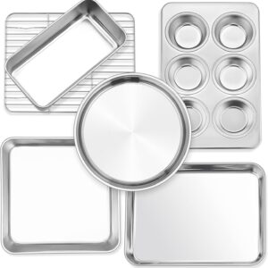 P&P CHEF 6-Piece Small Toaster Oven Pan Set, Stainless Steel Bakeware Set, Toaster Oven Tray with Rack, Square/Round Cake Pan, Loaf Pan & Muffin Pan, Non Toxic & Easy Clean