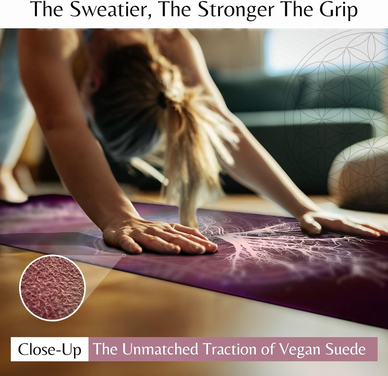๐ฏ๐ฐ๐ฎ๐ฏ๐ป๐ถ๐ท Vegan Suede Yoga Mat โ Tree of Life/Root Chakra Design, Extra Thick 1/4โ (6mm), Sweat-Grip Surface โ Perfect for Yoga, Hot Yoga, Pilates & Sweaty Workouts - Free Strap Included - Image 5