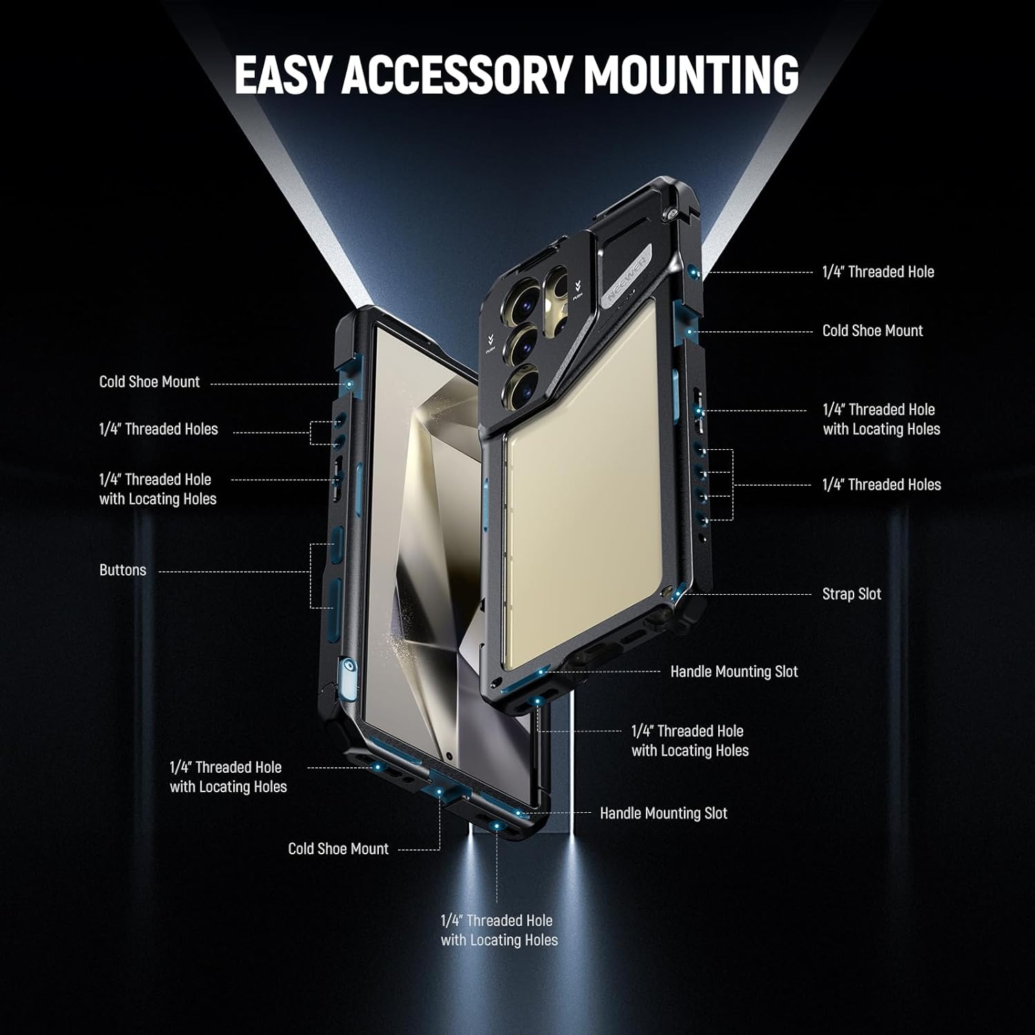 Neewer S24 Ultra Phone Cage with 67mm Filter Adapter, 17mm Lens Backplate, T Mount Lens Adapter, Cleaning Cloth, Smartphone Video Rig Stabilizer Compatible with Samsung Moment T Series Lenses, PA042 - Image 5