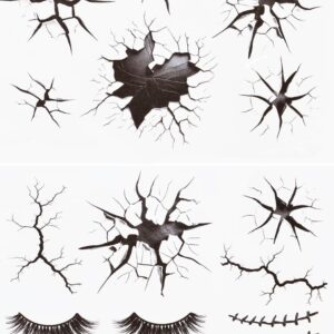 Halloween Creepy Cracks Face Tattoo Set, Temporary Makeup Stickers with Eyelashes, Black Broken Glass Pattern, Costume Accessories
