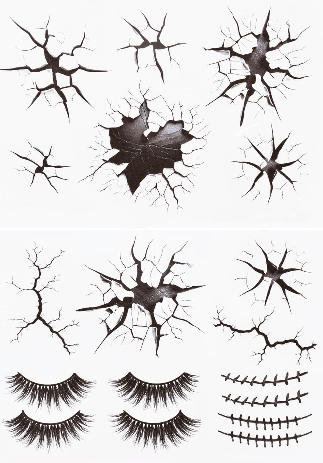 Halloween Creepy Cracks Face Tattoo Set, Temporary Makeup Stickers with Eyelashes, Black Broken Glass Pattern, Costume Accessories
