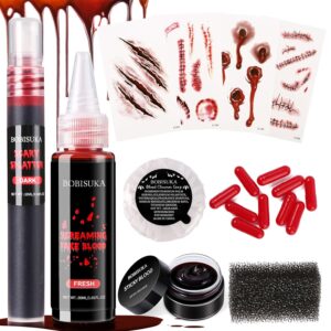 Halloween Fake Blood SFX Makeup Kit – Fake Blood Spray, Dripping Blood, Coagulated Gel, 4 Wound Tattoos, Blood Capsules, Cleaner Soap – Realistic, Washable Makeup for Zombie/Vampire/Monster