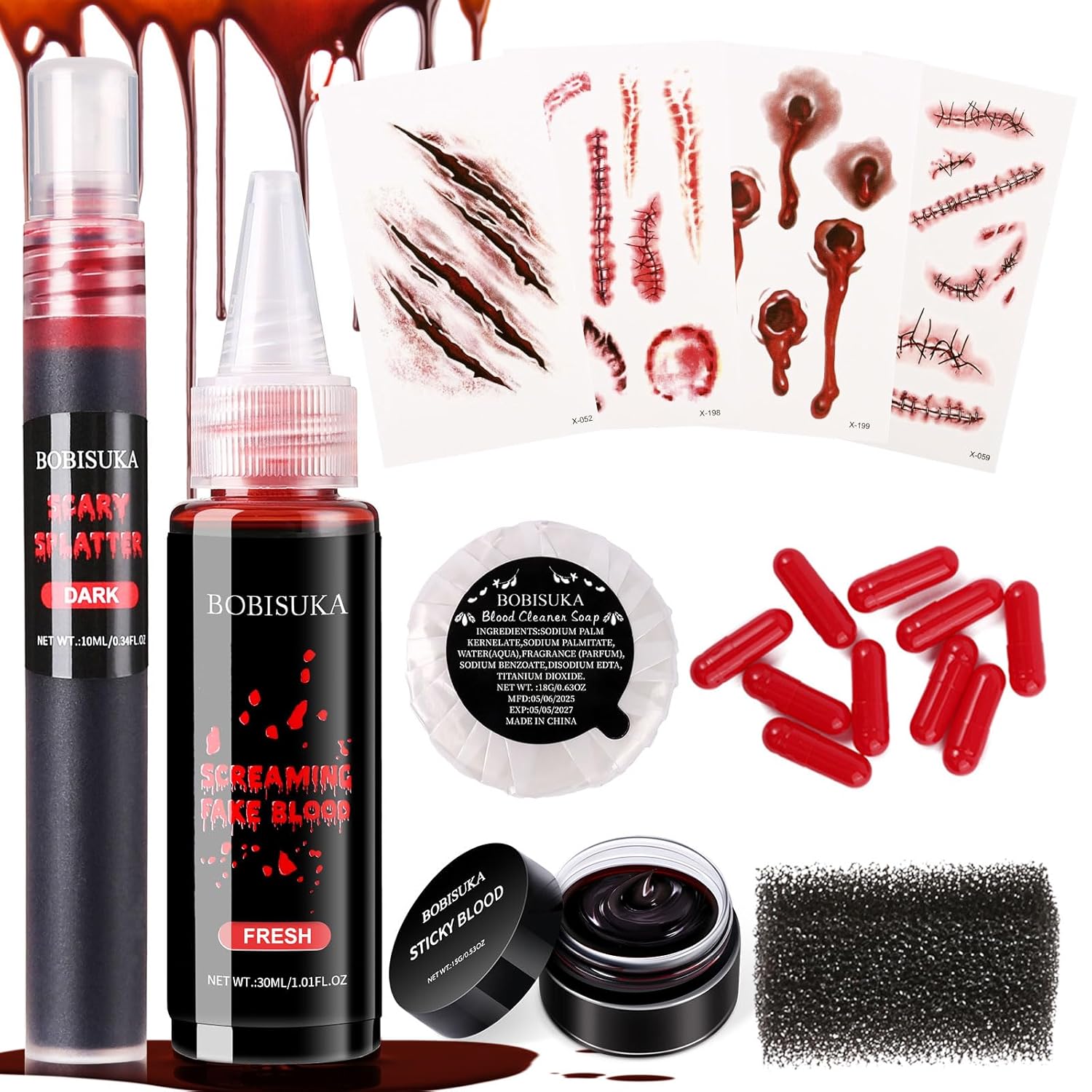 Halloween Fake Blood SFX Makeup Kit – Fake Blood Spray, Dripping Blood, Coagulated Gel, 4 Wound Tattoos, Blood Capsules, Cleaner Soap – Realistic, Washable Makeup for Zombie/Vampire/Monster