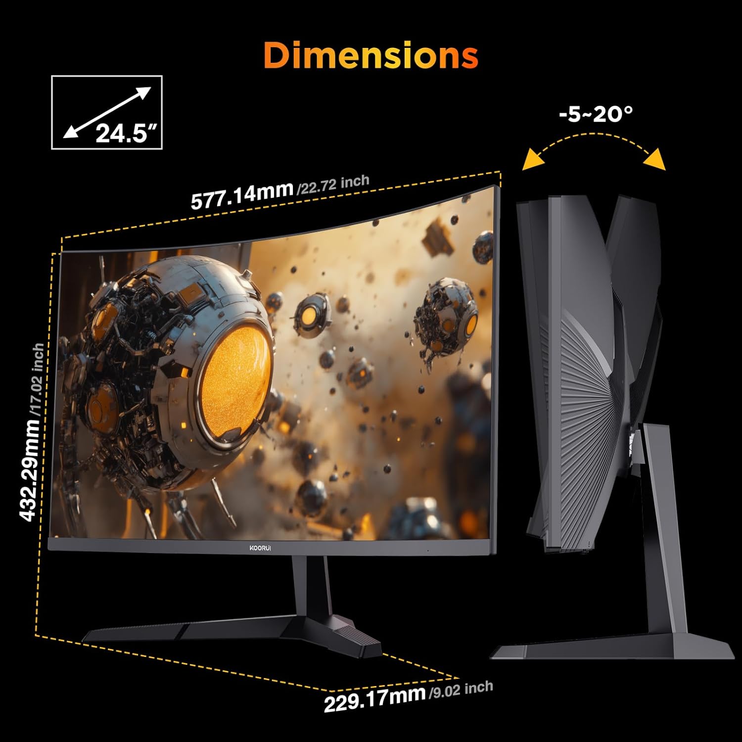 KOORUI 25 Inch Curved Gaming Monitor 240Hz FHD 1080P Computer Monitor, 1500R 1ms MPRT Display, Adaptive Sync, 90% DCI-P3,HDR, Eye Care, Tilt Adjustable, VESA 75x75mm, Black,G2511XC - Image 13