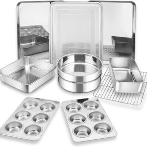Bakeware Sets of 11, P&P CHEF Stainless Steel Baking Pans Set, Includes Baking Sheets and Rack, Lasagna Pan with Lid, Round/Square Cake Pan, Muffin Pans, Loaf Pan, Reusable & Durable