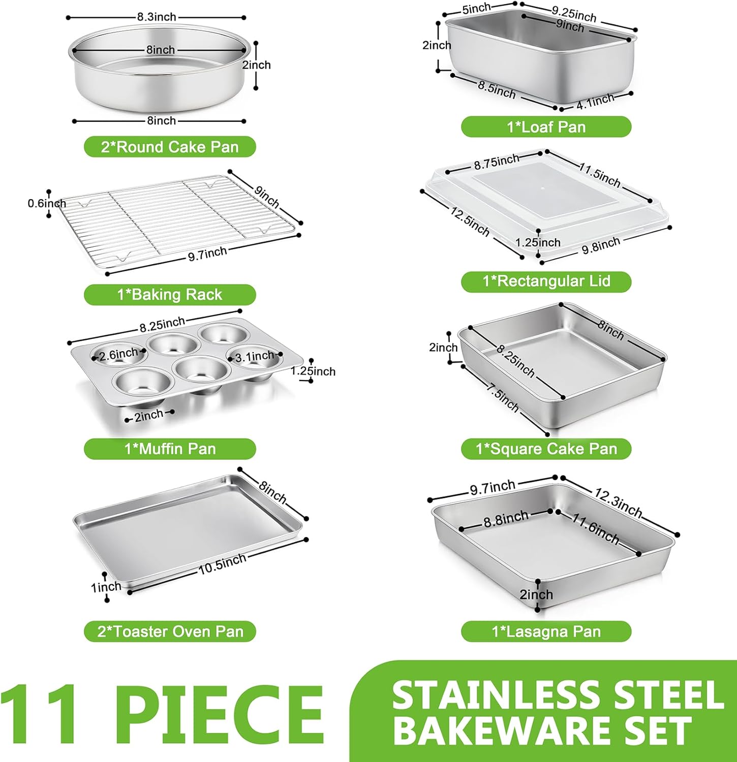 Bakeware Sets of 11, P&P CHEF Stainless Steel Baking Pans Set, Includes Baking Sheets and Rack, Lasagna Pan with Lid, Round/Square Cake Pan, Muffin Pans, Loaf Pan, Reusable & Durable - Image 2