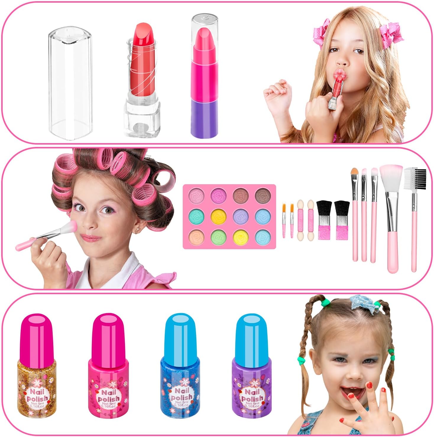 Hollyhi 58 Pcs Kids Makeup Kit for Girl, Princess Toys Real Washable Cosmetic Set with Mirror, Kids Makeup Sets for Girls, Play Make Up Birthday Gifts for 3 4 5 6 7 8 9 10 11 12 Years Old Kid (Pink) - Image 2
