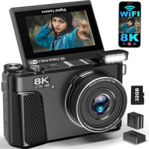8K Digital Camera for Photography, 88MP WiFi Vlogging Camera for YouTube, 3″ 180°Flip Screen & 18X Digital Zoom Autofocus Vlog Cameras with Lens Cap, 32GB Card, 2 Batteries, Gunmetal