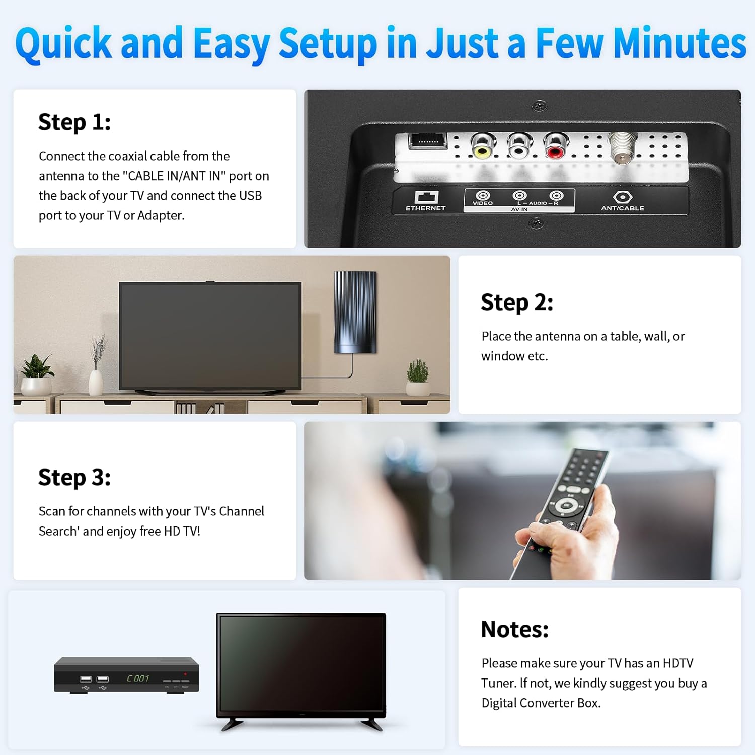 3500+ Miles Tv Antenna Indoor, 2025 Digital Antenna for Smart Tv Outdoor, Strongest HDTV for Local Channels with Amplifier, Signal Booster & 52FT Coax Cable/AC Adapter Support 8K 4K 1080p - Image 8