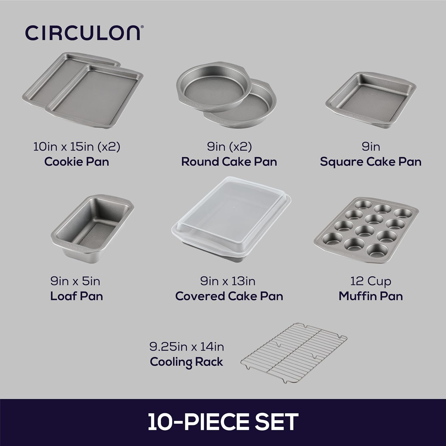 Circulon Nonstick Heavy Gauge Steel Bakeware Set with Rolled Pan Edges Loaf Pan, Cookie Pan, Baking Pans, Cake Pans, Muffin Pan and Cooling Rack (10-Piece, Gray) - Image 3
