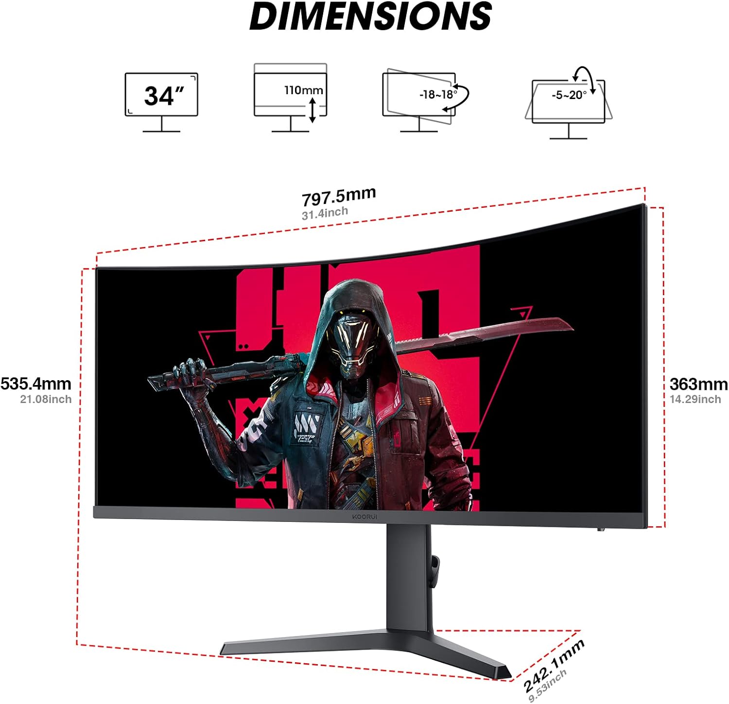 KOORUI 34-inch Ultrawide Curved WQHD 3440×1440 Gaming Monitor, 165Hz 144Hz Curved 1000R- PIP/PBP, 1ms(MPRT) with DisplayHDR 400, FreeSync Premium, 75 * 75mm VESA, HDMI/DisplayPort, 34E6UC - Image 10