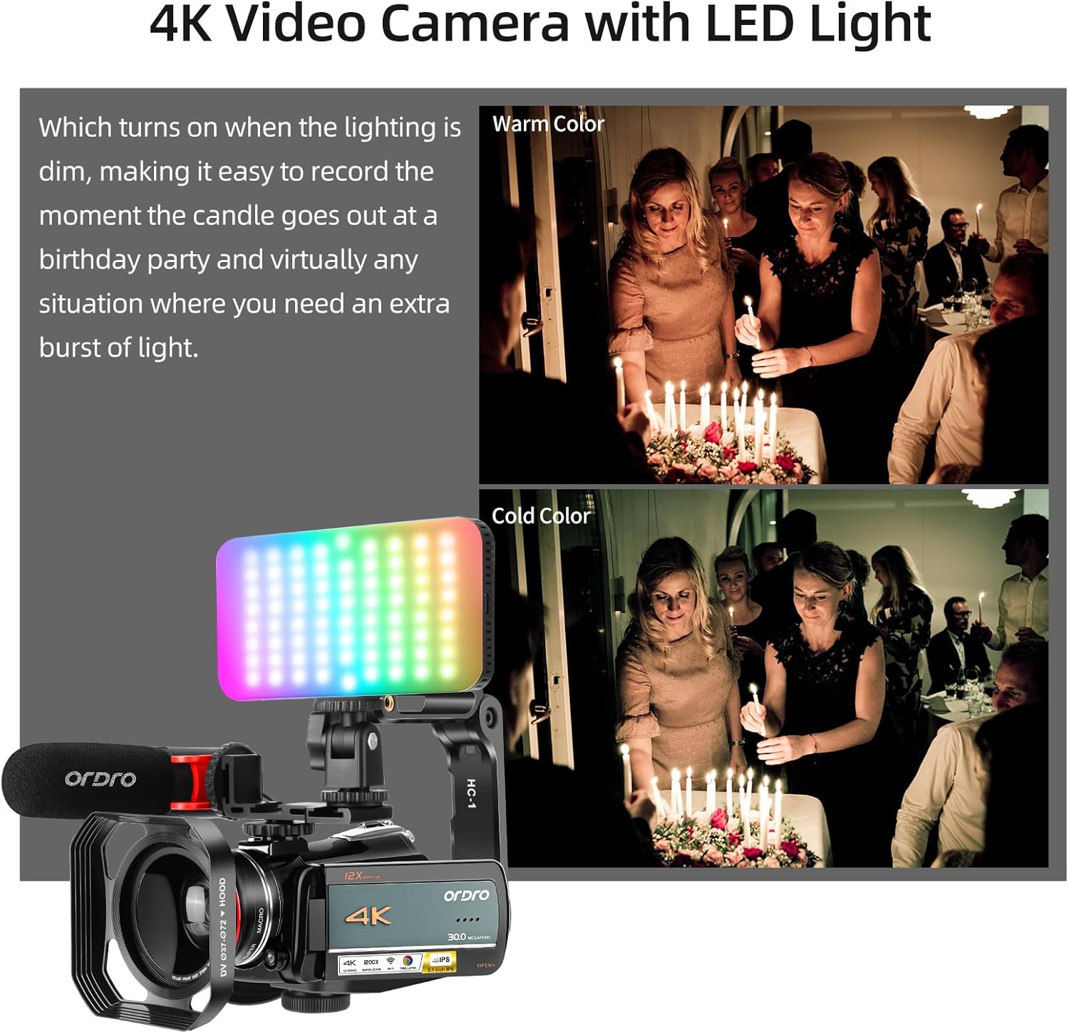 ORDRO 4K Video Camera Camcorder AC5 Plus Vlog Camera with 12X Optical Zoom &120X Intelligent Zoom Vlog Camera for YouTube with Mic,LED RGB Light Wide Angle Lens Handheld Holder 2 Batteries - Image 5