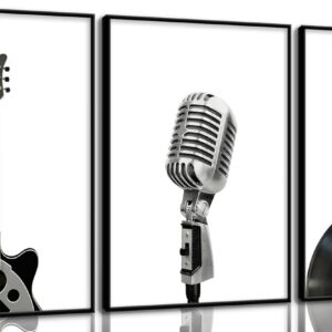 Black And White Music Canvas Wall Art Vintage Musical Instruments Posters Prints Guitar Microphone Record Painting Pictures for Music Room Wall Decor Musical Studio Decor Living Room Unframed