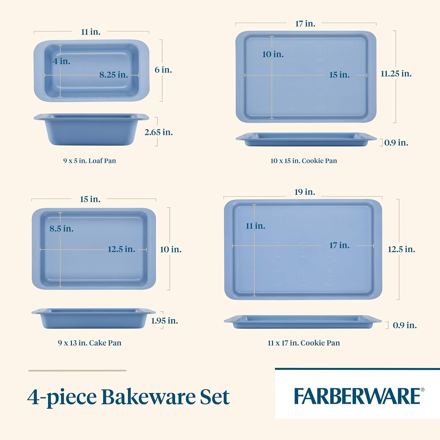 Farberware Easy Solutions Nonstick Baking Set, Includes Cookie Pans, Loaf Pan, and Cake Pan with Portion Marks, 4 Piece, Non Stick Bakeware Set - Blue - Image 2