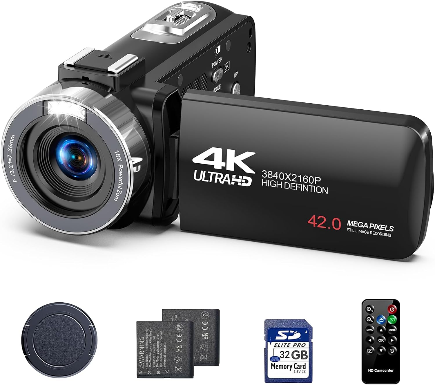 Camcorder Video Camera 42MP, 18X Digital Zoom 4K Camera for Vlogging 3” 270° Rotation Screen Compact YouTube Cameras with 2 Batteries, 32GB SD Card, Remote Control