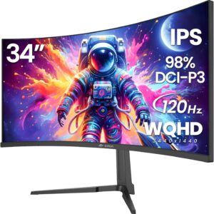 CRUA 34″ Curved Gaming Monitor, IPS WQHD(3440x1440P) 120Hz 1900R 21:9 UltraWide PC Display, 130% sRGB, AMD FreeSync, Blue Light Filter, HDMI/DP Ports, Wall Mountable Installs– Black