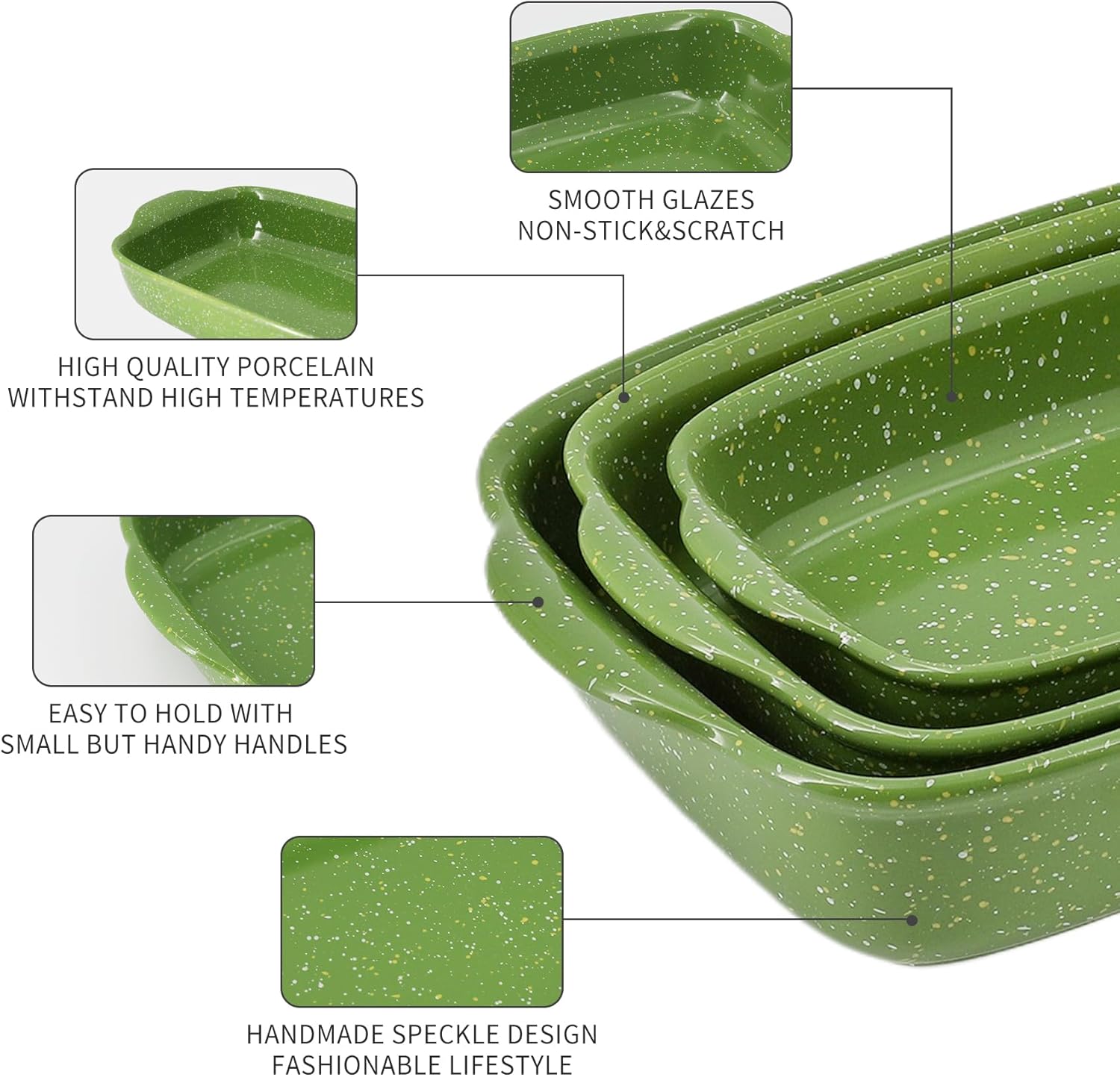 Ceramic Baking Dishes for Oven,Heavy Duty Bakeware Dish Set of 3, Rectangular Casserole,Lasagna Pan Deep,High Heat Resistant,Glazed Handcraft Speckle Series (13.8''/12''/9.6''Green) - Image 4