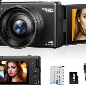 4K Digital Camera for Photography, 72MP Autofocus Vlogging Cameras for YouTube with 64GB SD Card and Battery, 18X Digital Zoom 2.8″ 270° Flip Screen Compact Travel Camera for Teens