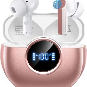 Wireless Earbuds 2025 NEW Bluetooth 5.4 Headphones Bass 3D Stereo,In-Ear Pink Earphones with 4 ENC Noise Cancelling Mic,48H Playtime with LED Display, IPX7 Waterproof for Laptop Android iOS, Rose Gold