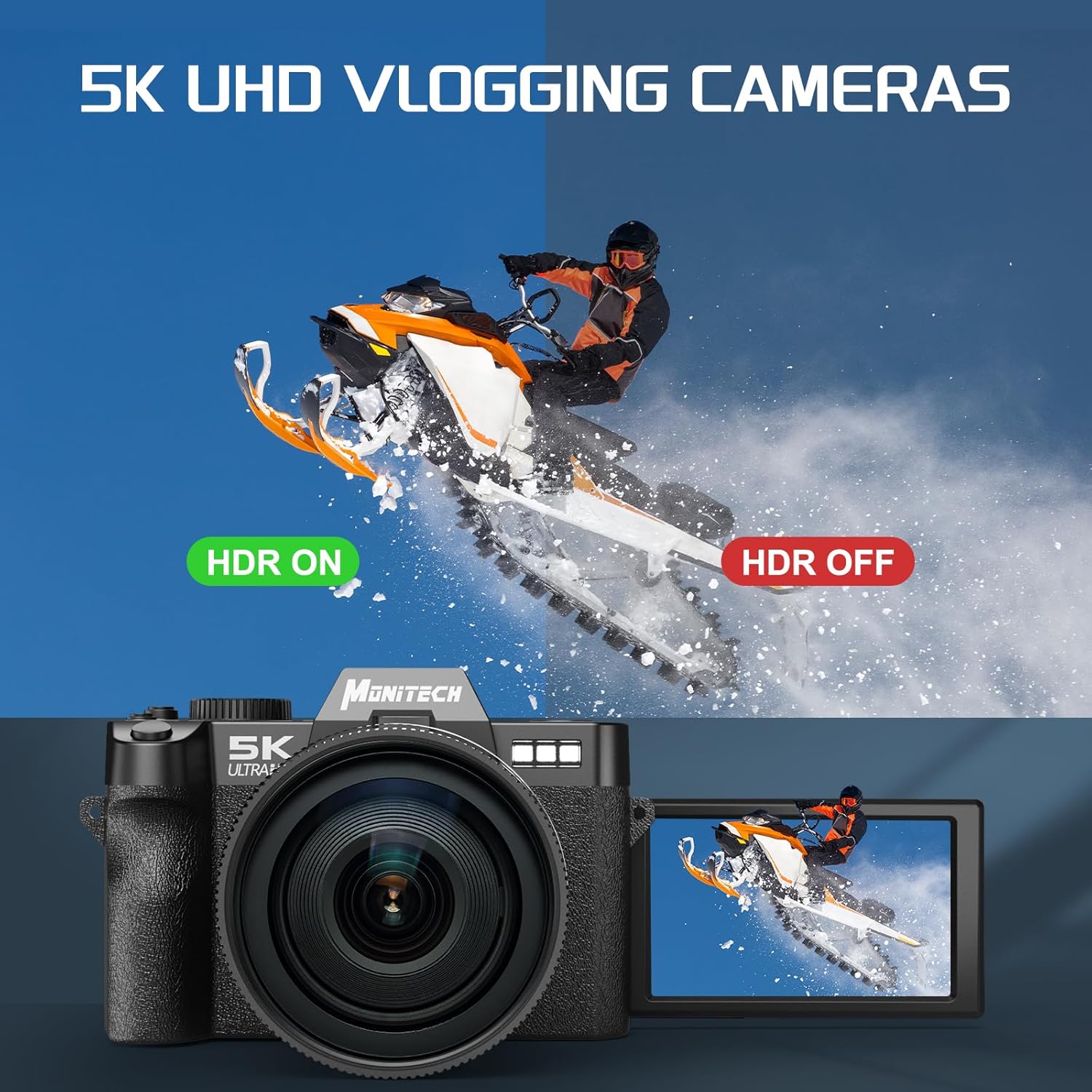 5K Digital Camera, 48MP Cameras for Photography, Vlogging Camera for YouTube with 180° Flip Screen,16X Digital Zoom,52mm Wide Angle & Macro Lens, 2 Batteries, 32GB TF Card - Image 2
