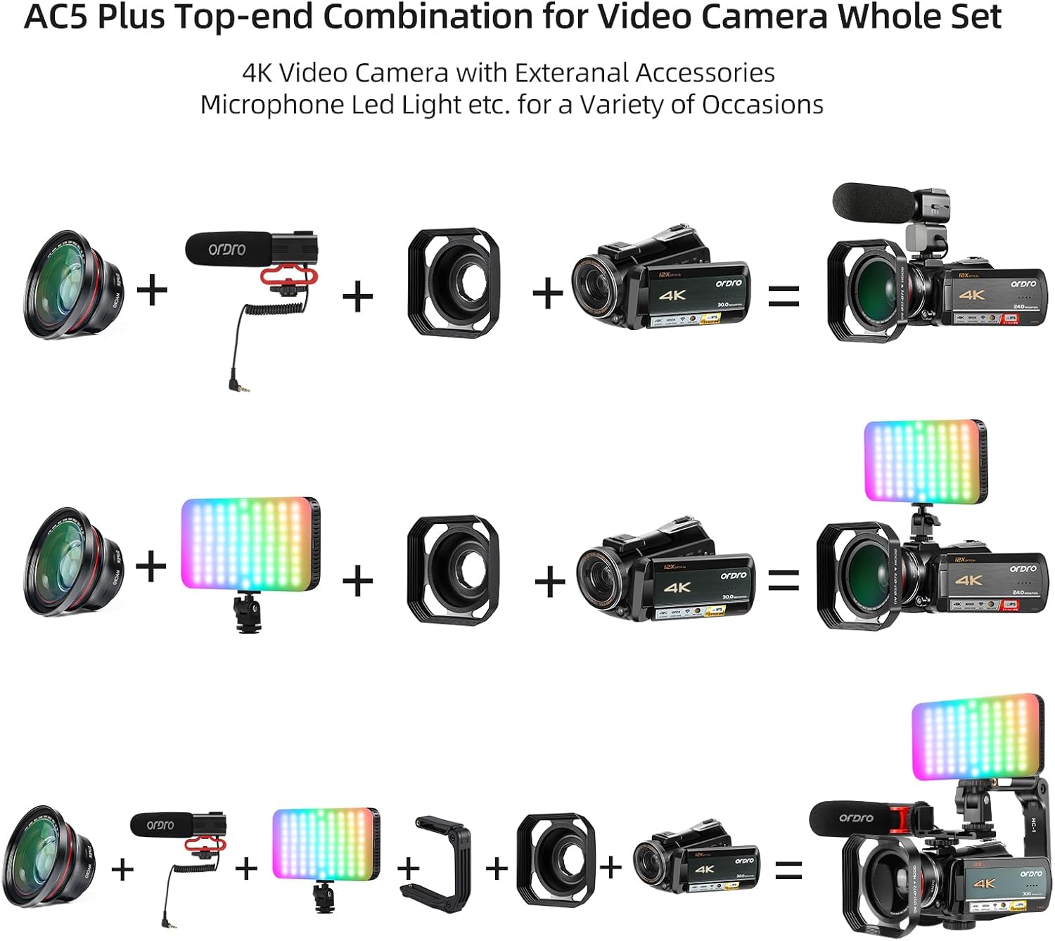 ORDRO 4K Video Camera Camcorder AC5 Plus Vlog Camera with 12X Optical Zoom &120X Intelligent Zoom Vlog Camera for YouTube with Mic,LED RGB Light Wide Angle Lens Handheld Holder 2 Batteries - Image 7