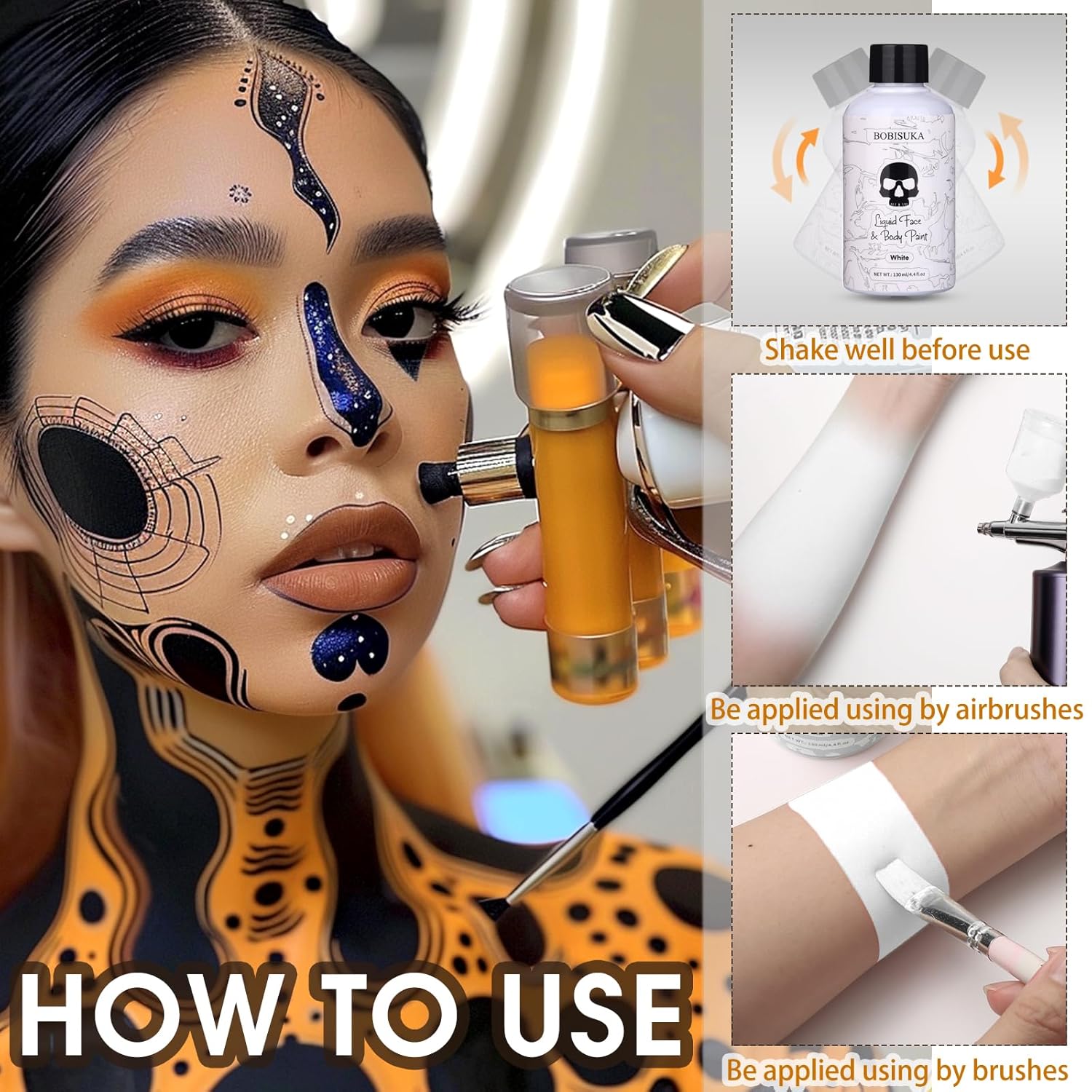 BOBISUKA White Face Body Paint Liquid Texture Washable Non Toxic Facepaint Fast Drying Foundation Makeup for Halloween Clown Skeleton Skull Cosplay SFX Costume Party Large Capacity(130ml) - Image 6