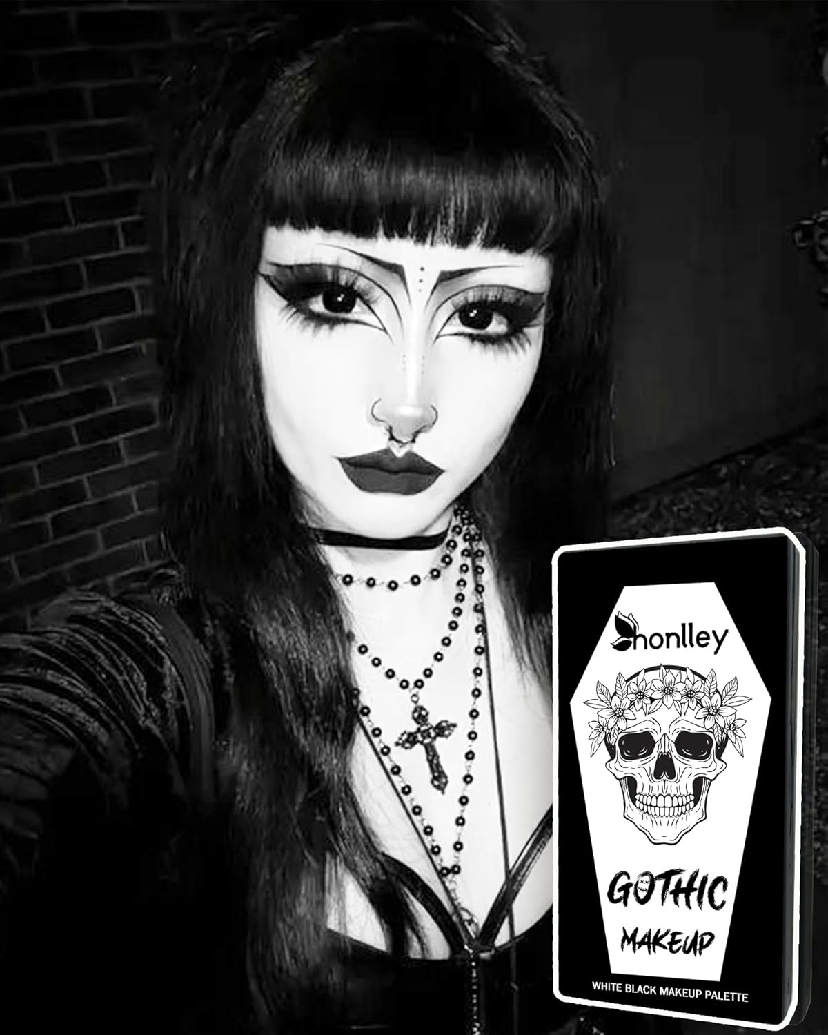 Black White Makeup Palette - Goth Makeup Pressed Powder Eyeshadow Compact, Matte Smokey Face Paint for Women Girl, Halloween Skeleton Cosplay & Gothic Costume | High Pigment,Waterproof,Intense - Image 2