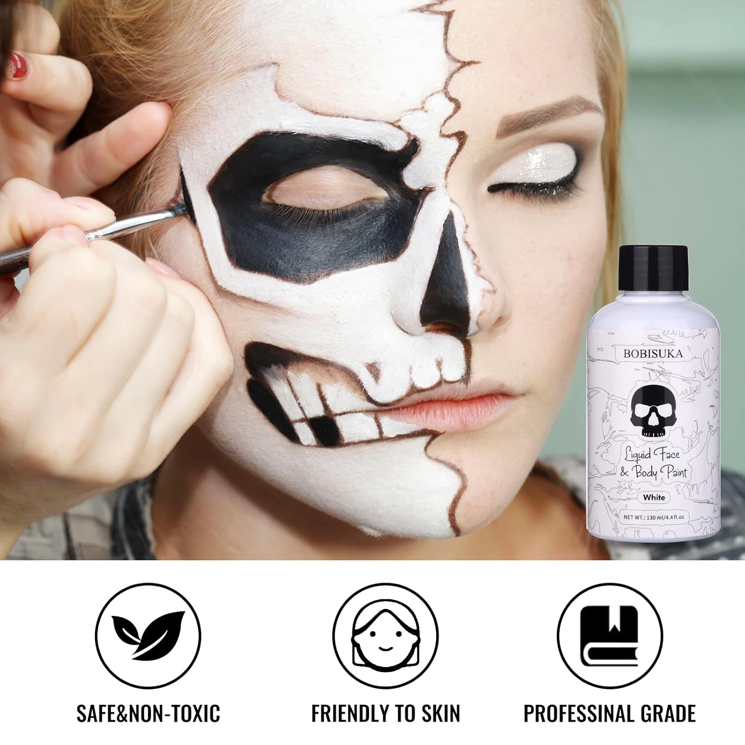 BOBISUKA White Face Body Paint Liquid Texture Washable Non Toxic Facepaint Fast Drying Foundation Makeup for Halloween Clown Skeleton Skull Cosplay SFX Costume Party Large Capacity(130ml) - Image 3