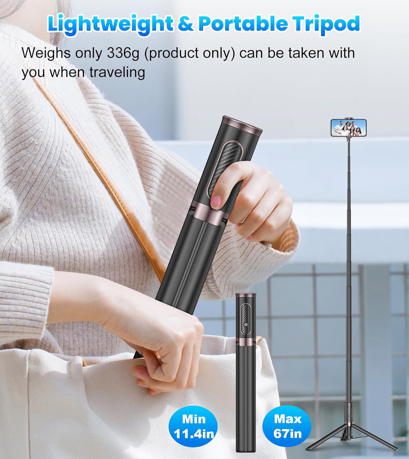 TONEOF 67" Cell Phone Selfie Stick Tripod,Smartphone Stand All-in-1 with Integrated Wireless Remote,Portable,Lightweight,Extendable for iPhone/Android(Black) - Image 7