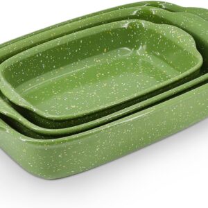 Ceramic Baking Dishes for Oven,Heavy Duty Bakeware Dish Set of 3, Rectangular Casserole,Lasagna Pan Deep,High Heat Resistant,Glazed Handcraft Speckle Series (13.8”/12”/9.6”Green)