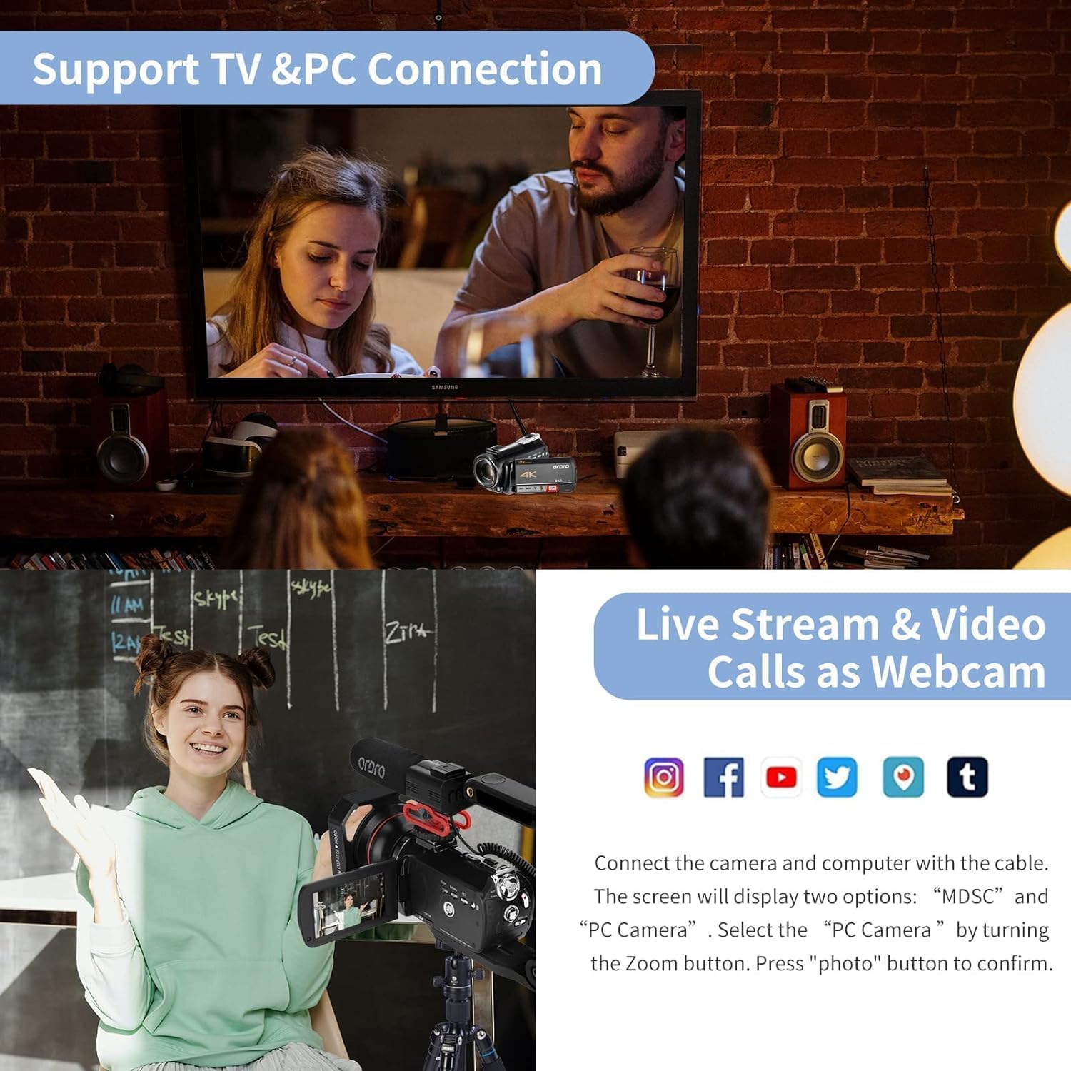 ORDRO 4K Video Camera Camcorder AC5 Plus Vlog Camera with 12X Optical Zoom &120X Intelligent Zoom Vlog Camera for YouTube with Mic,LED RGB Light Wide Angle Lens Handheld Holder 2 Batteries - Image 3