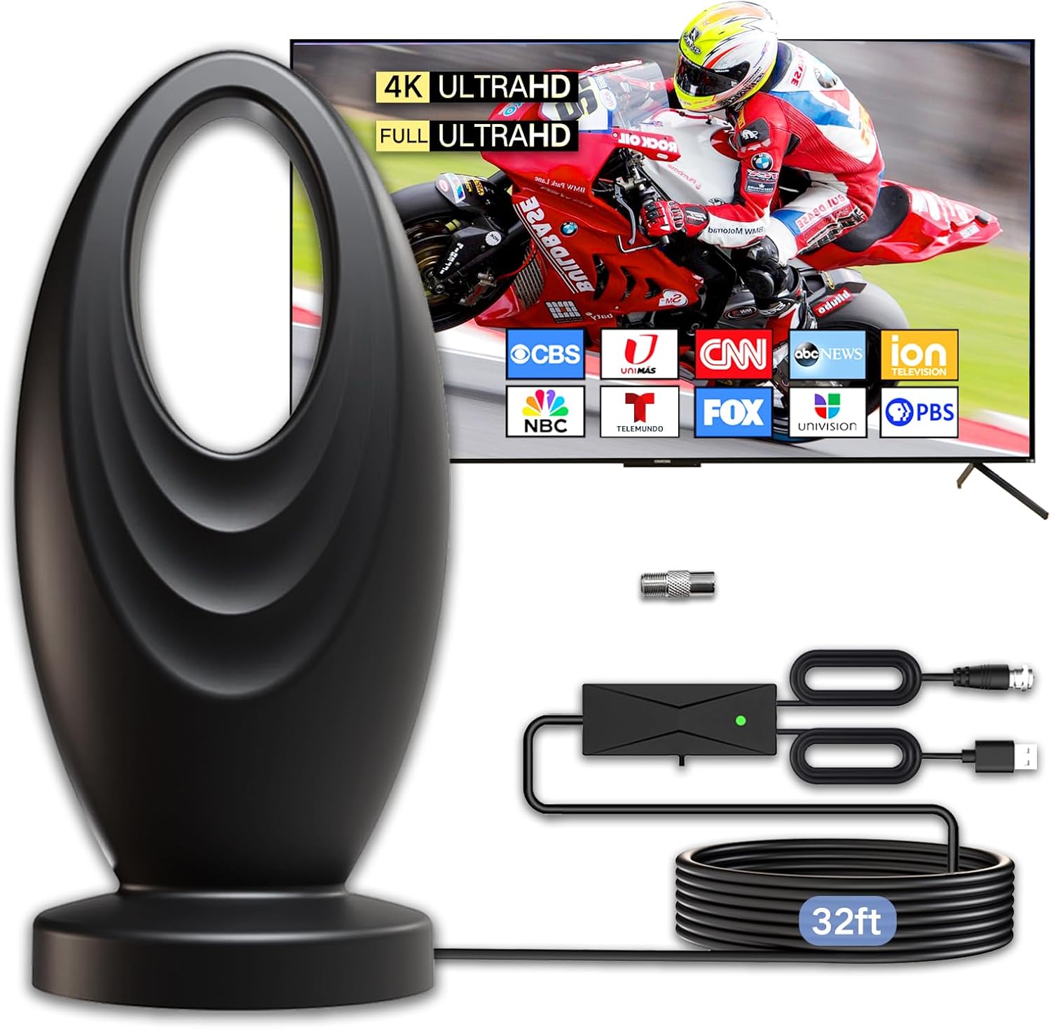 2025 TV Antenna for Smart TV and Old TV, 2200+ Miles Range HD Digital TV Antenna Indoor with 360° Signal Strongest Booster, Supports Local Channels 1080P 4K Reception for Home,RV,Camping (32ft)